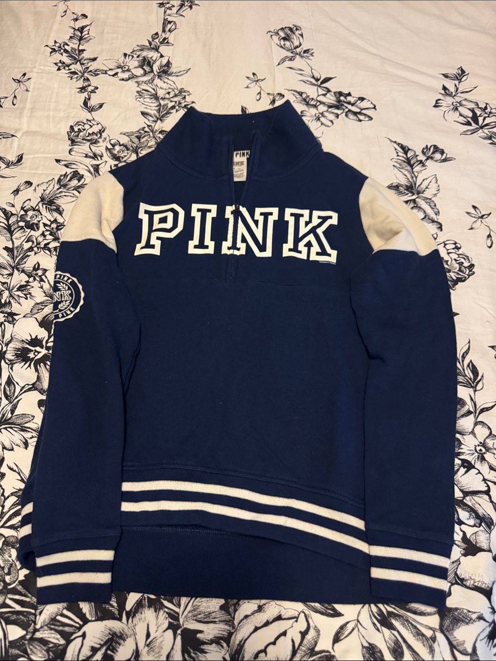 PINK Victoria's Secret Navy and Cream Quarter-Zip Pullover Sweater